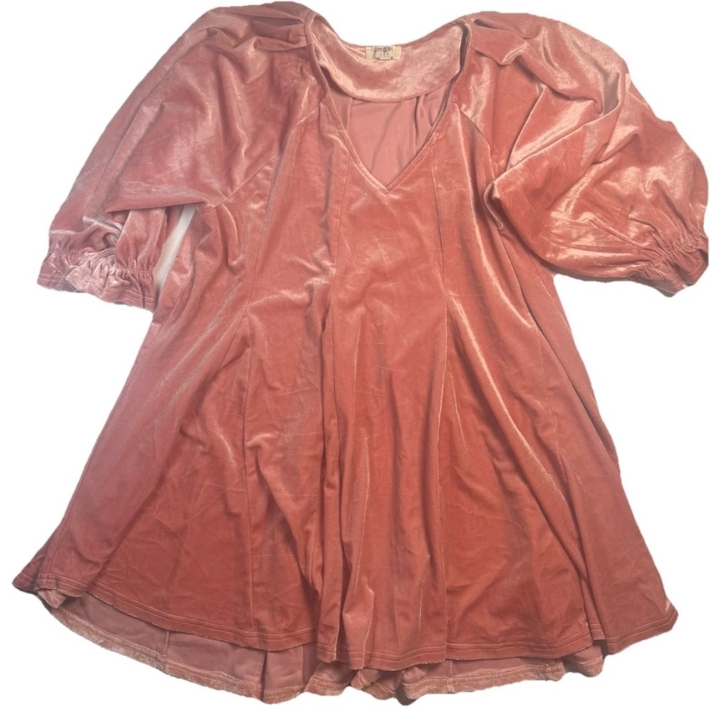 Umgee Blush Pink Velvet Babydoll Dress Women's Large Balloon Sleeve Party Swing